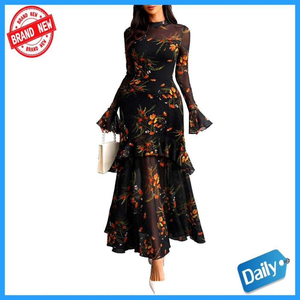 Floral Maxi Dress Sheer Mesh Bell Sleeve Tiered Ruffle Gothic Romantic Casual